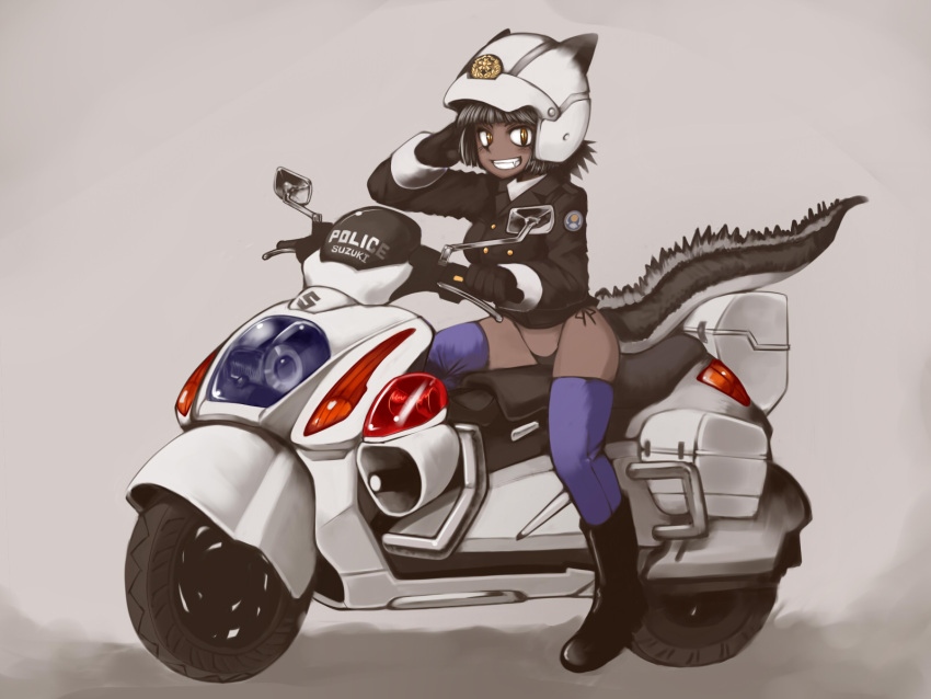 animal_ears, black_gloves, black_hair, black_panties, blue_legwear, boots, dark_skin, dragon_girl, dragon_tail, fang, female, gloves, grin, helmet, highleg, highleg_panties, highres, kakkou_(su), motor_vehicle, motorcycle, motorcycle_helmet, original, panties, police, police_uniform, policewoman, short_hair, side-tie_panties, slit_pupils, smile, solo, suzuki, tail, thigh-highs, thighhighs, underwear, uniform, vehicle, yellow_eyes