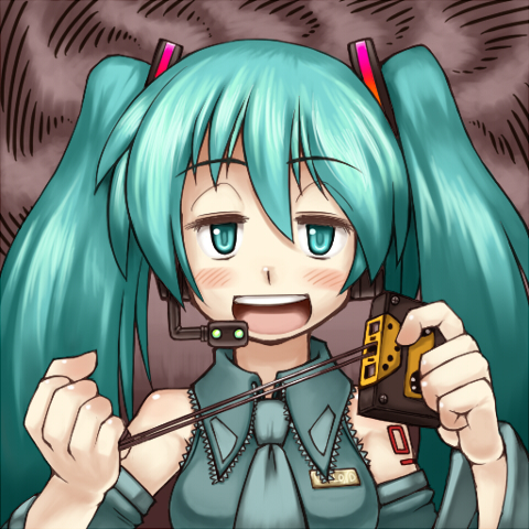 aqua_eyes, aqua_hair, bare_shoulders, blush, cassette_tape, detached_sleeves, hair_ornament, hatsune_miku