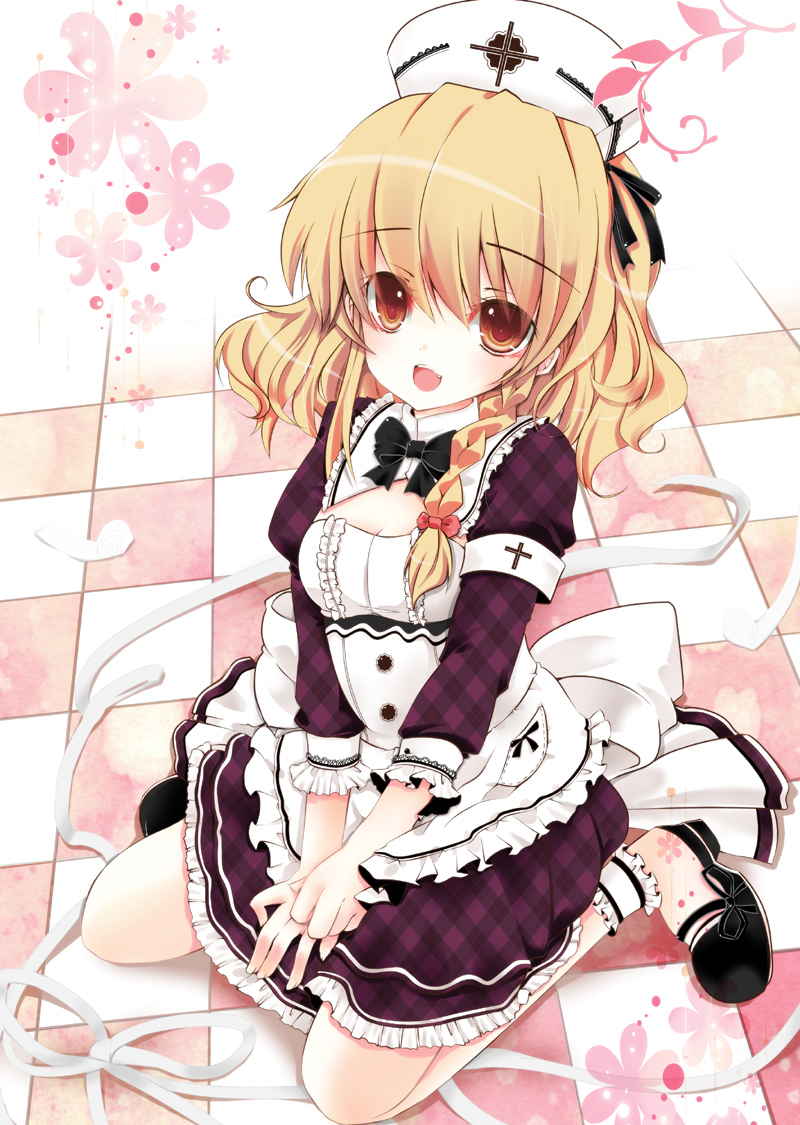 alternate_costume, apron, bandage, bandages, blonde_hair, bow, braid, breasts, brown_hair, checkered_dress, cleavage, cosplay, dress, fang, hair_ribbon, hat, ichiru_(artist), kirisame_marisa, long_sleeves, nurse_cap, open_mouth, purple_dress, ribbon, sitting, smile, solo, tile_floor, tiles, touhou, waist_apron