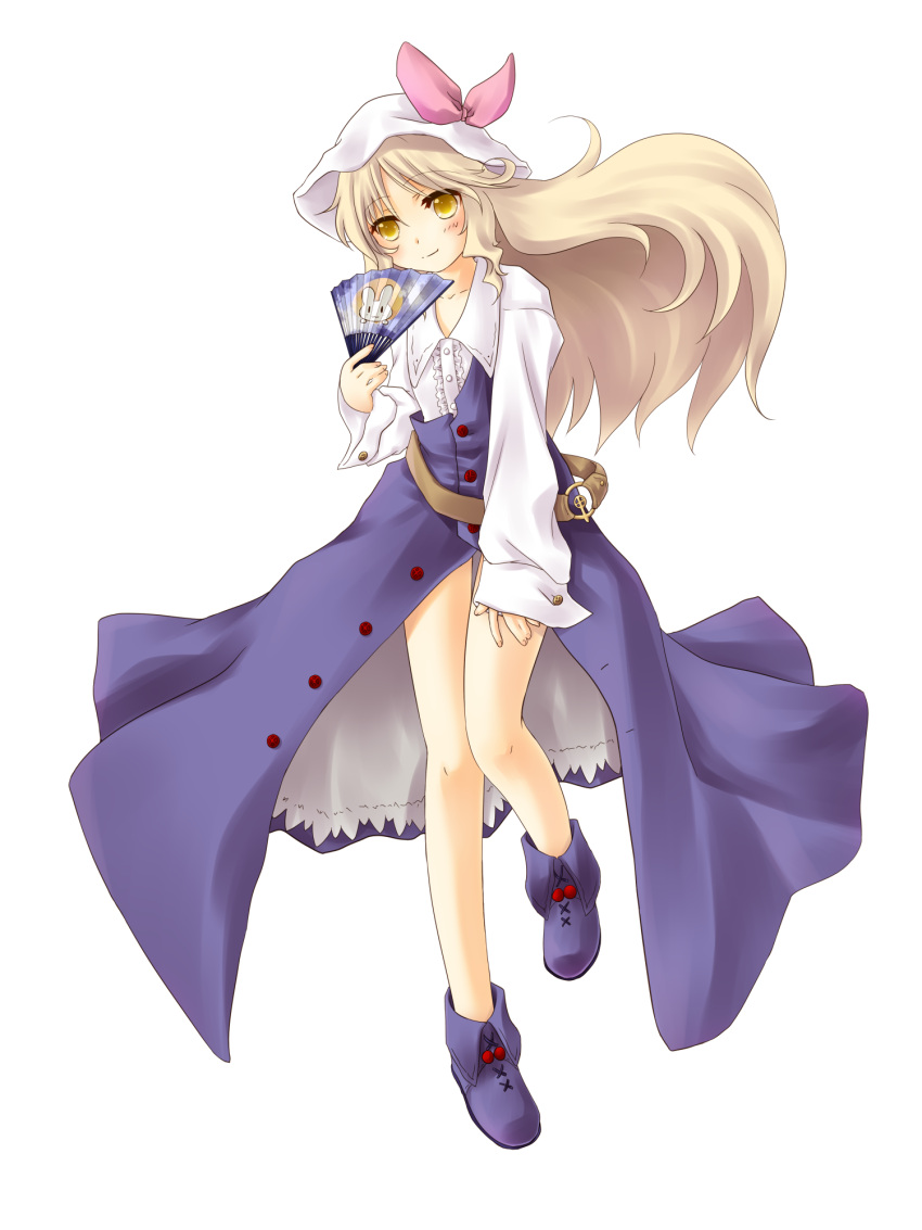 blonde_hair, blush, bow, bunny, fan, hat, highres, legs, long_hair, mikamo_nekotani, rabbit, shoes, touhou, transparent_background, watatsuki_no_toyohime, yellow_eyes