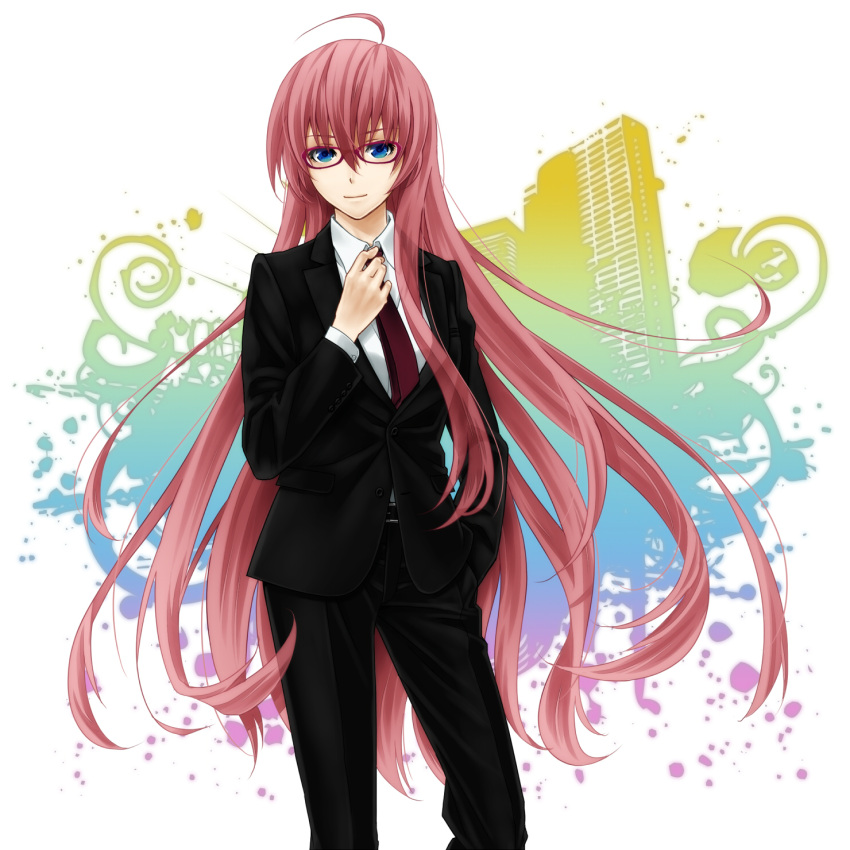 adjusting_tie, ahoge, asami_(undoundo), bespectacled, blue_eyes, business_suit, crossdressinging, female, formal, glasses, highres, long_hair, looking_at_viewer, megurine_luka, necktie, pant_suit, pants, pink_hair, smile, solo, suit, very_long_hair, vocaloid