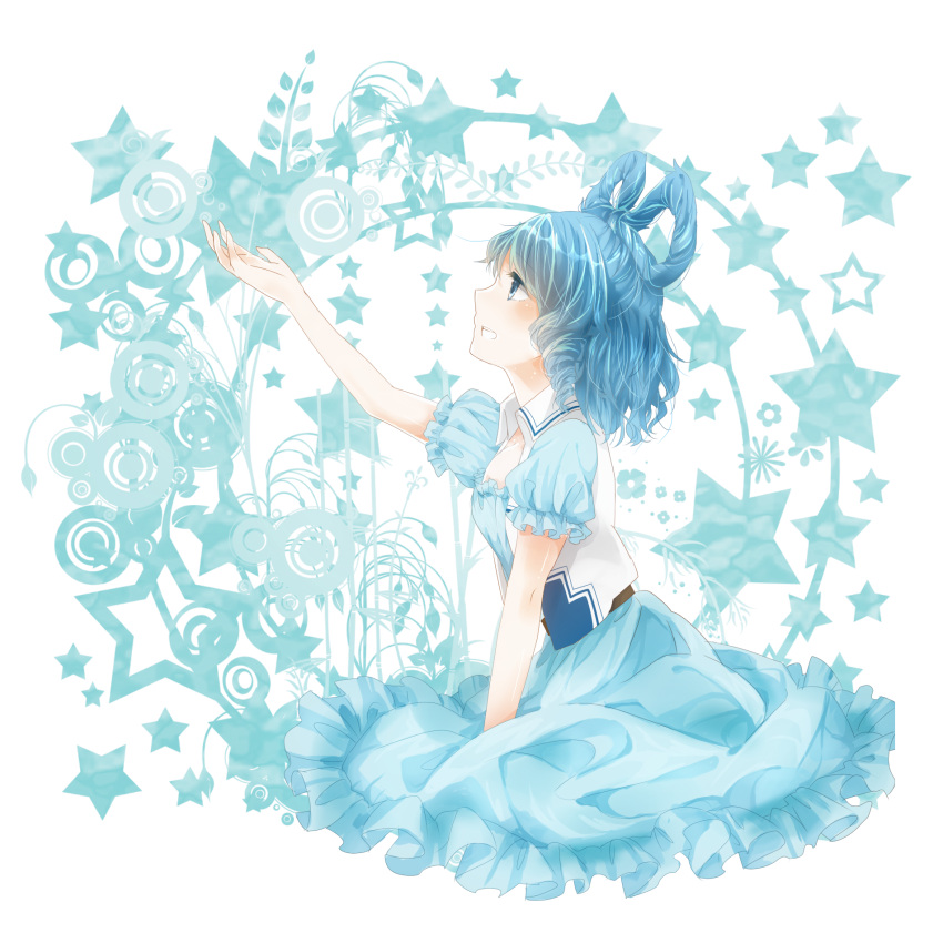 817nono, blue_eyes, blue_hair, dress, hair_rings, highres, kaku_seiga, kneeling