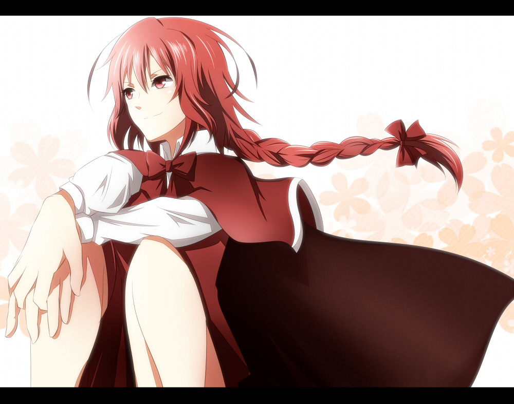 bowtie, braid, capelet, floral_background, interlocked_fingers, letterboxed, long_hair, long_sleeves