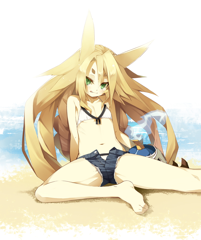 :q, animal_ears, bare_shoulders, barefoot, beach, bikini, blonde_hair, copyright_request