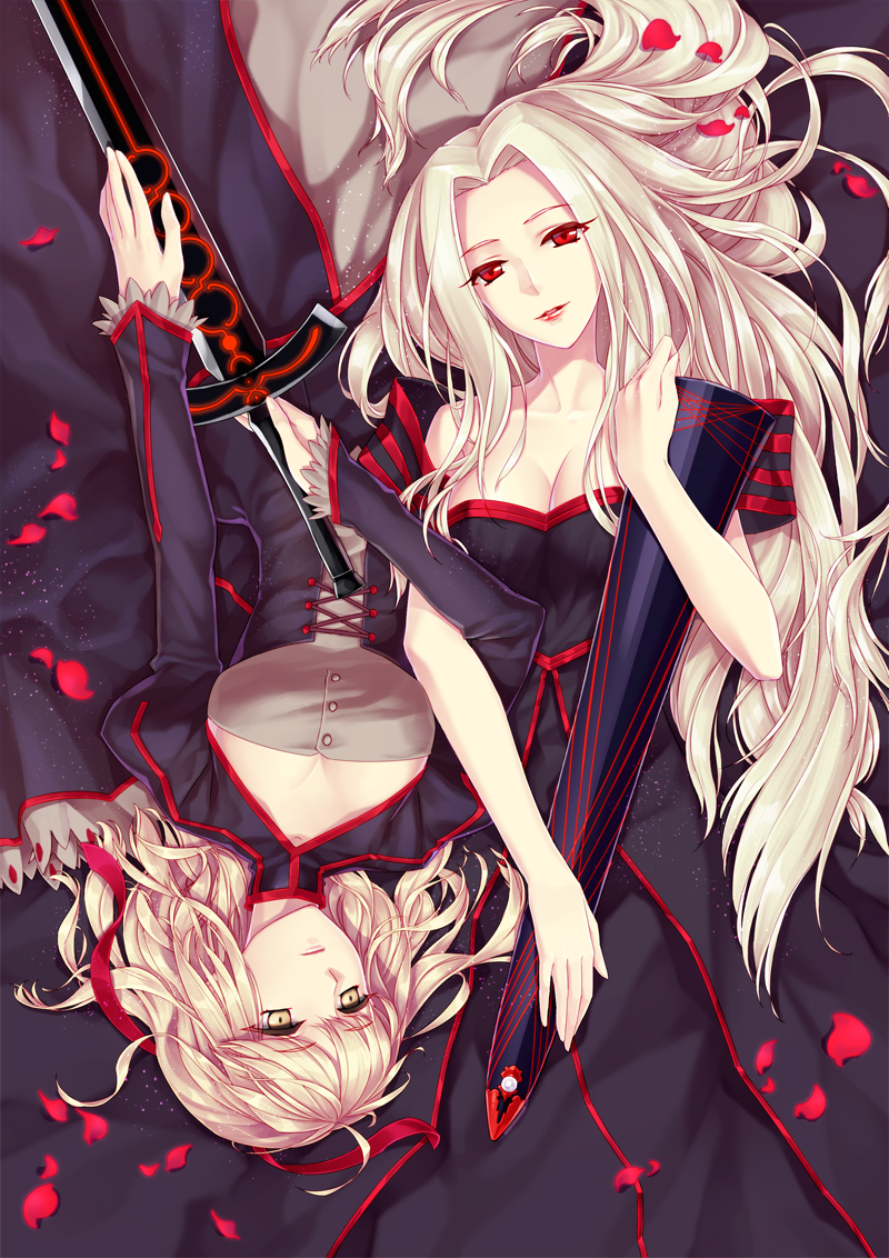 alternate_color, avalon_(fate/stay_night), blonde_hair, dark_excalibur, dark_persona, dress, excalibur, fate/zero