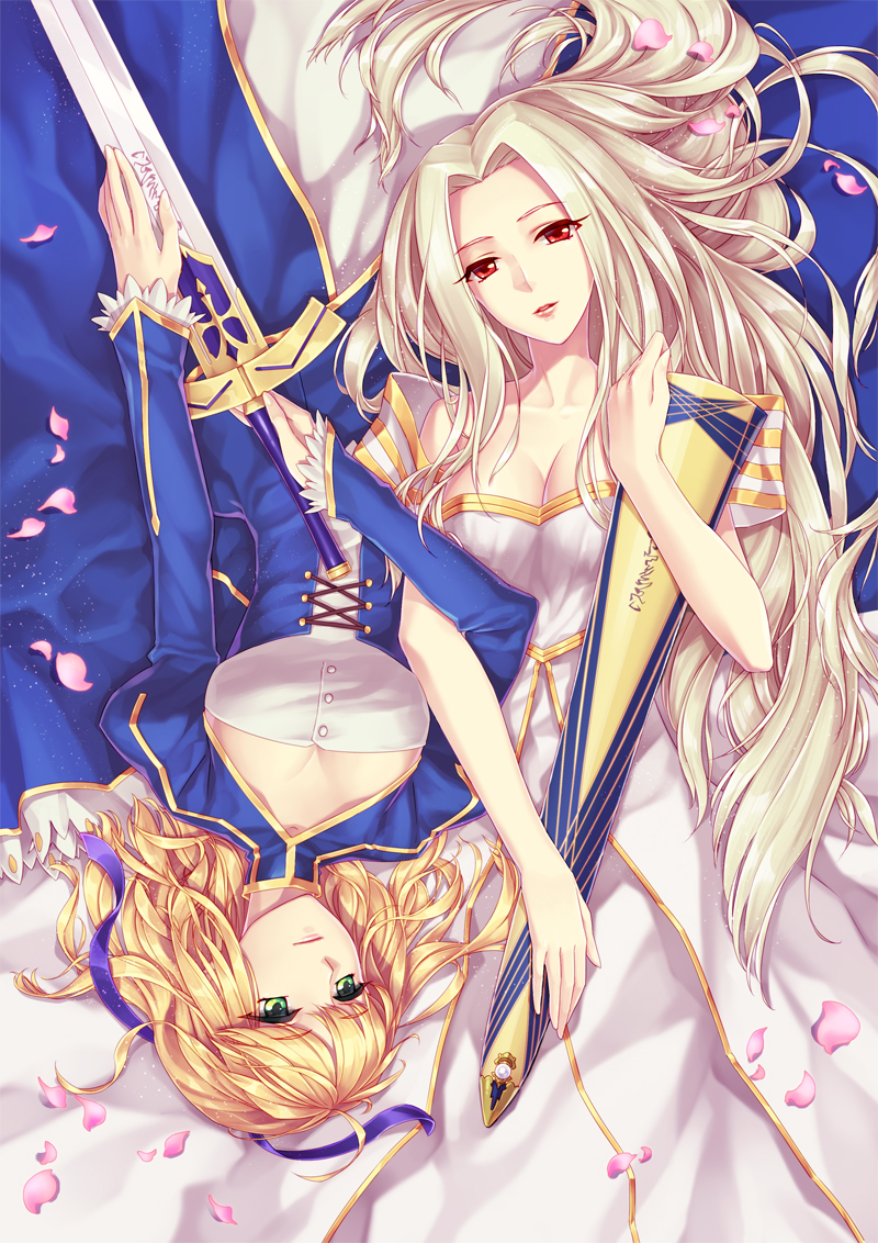 avalon_(fate/stay_night), blonde_hair, dress, excalibur, fate/stay_night, fate/zero, fate_(series), green_eyes, holding, irisviel_von_einzbern, long_hair, lying, multiple_girls, on_back, petals, red_eyes, ribbon, saber, scabbard, sheath, short_hair, silver_hair, sword, weapon, yeruen