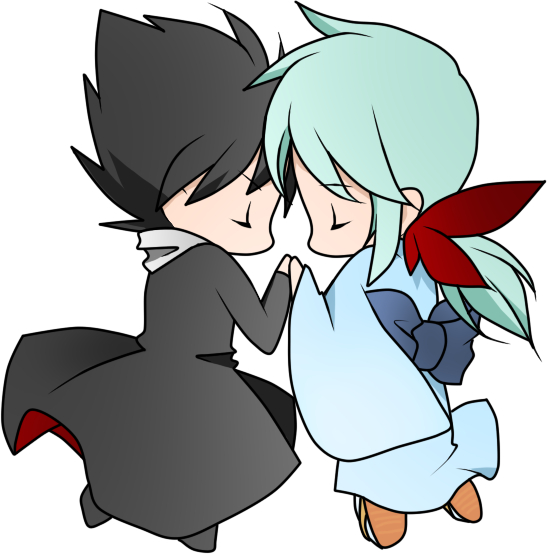 black_hair, chibi, green_hair, hand_holding, hiei, japanese_clothes, kimono, yu_yu_hakusho