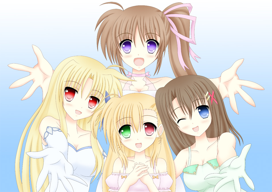 bare_shoulders, blonde_hair, blue_eyes, brown_hair, elbow_gloves, fate_testarossa, gloves, green_eyes, hair_ornament, hair_ribbon, heterochromia, long_hair, lyrical_nanoha, mahou_shoujo_lyrical_nanoha_strikers, multiple_girls, open_mouth, outstretched_hand, purple_eyes, raikkonen713, red_eyes, ribbon, side_ponytail, takamachi_nanoha, very_long_hair, violet_eyes, vivio, wink, yagami_hayate