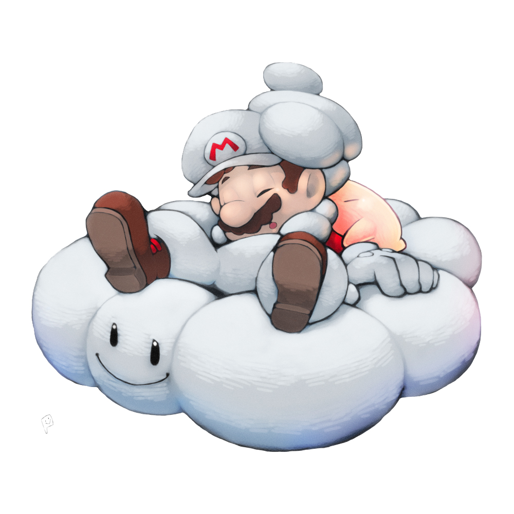 alternate_costume, alternate_form, boots, brown_hair, closed_eyes, cloud, cloud_mario, clouds, eyes_closed, facial_hair, ghost-pepper, gloves, hat, male, mario, mustache, nintendo, simple_background, sitting, sleeping, smile, solo, super_mario_bros., super_mario_galaxy, super_mario_galaxy_2, white_background
