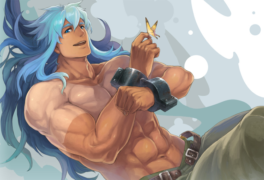 abs, belt, blue_background, blue_eyes, blue_hair, cuffs, handcuffs, long_hair
