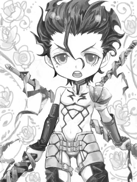 ahoge, armor, chibi, fate/zero, fate_(series), greyscale, lancer_(fate/zero), male