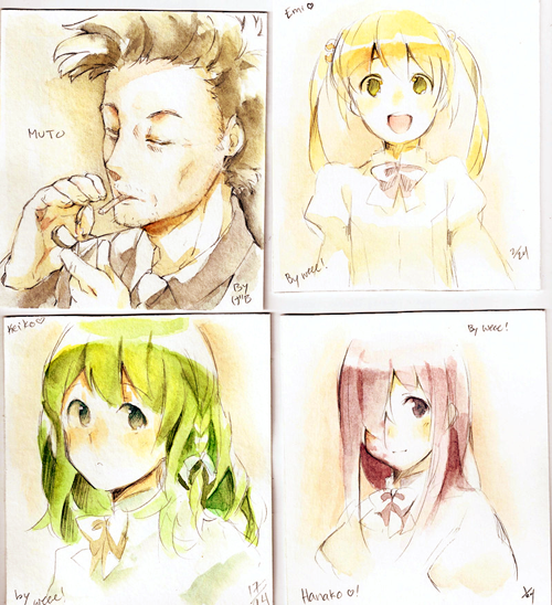 1boy, 3girls, :d, black_hair, blonde_hair, bow, bowtie, braid