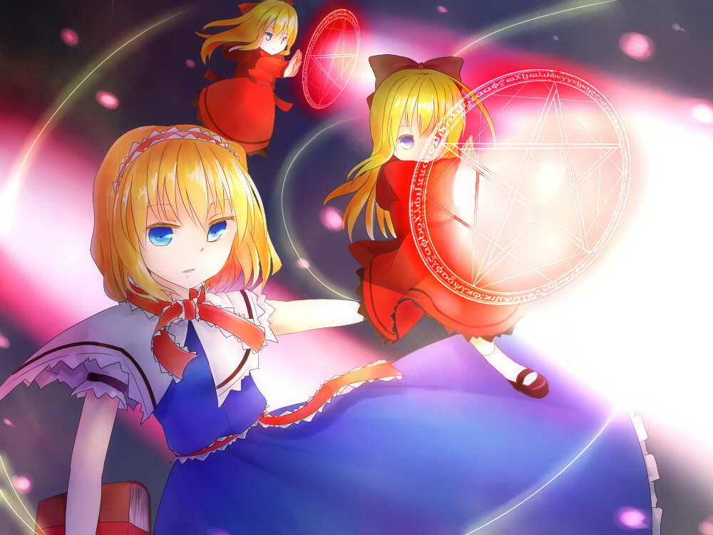 alice_margatroid, black_background, blonde_hair, blue_dress, blue_eyes, book, bow, capelet