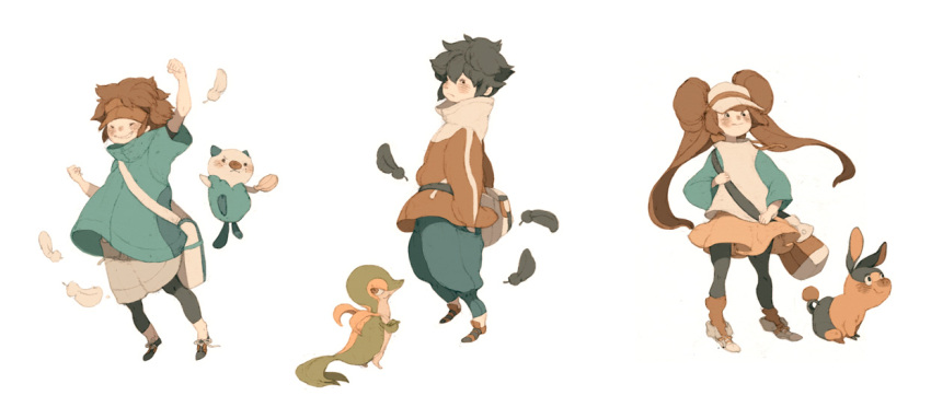 1girl, 2boys, bag, black_hair, blush, brown_hair, double_bun, hue_(pokemon)