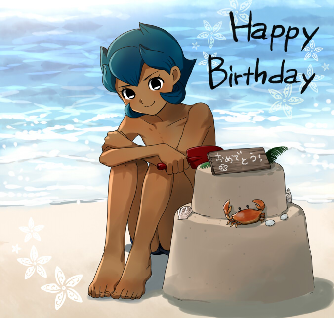 beach, black_eyes, blue_hair, crab, dark_skin, english, happy_birthday, inazuma_eleven