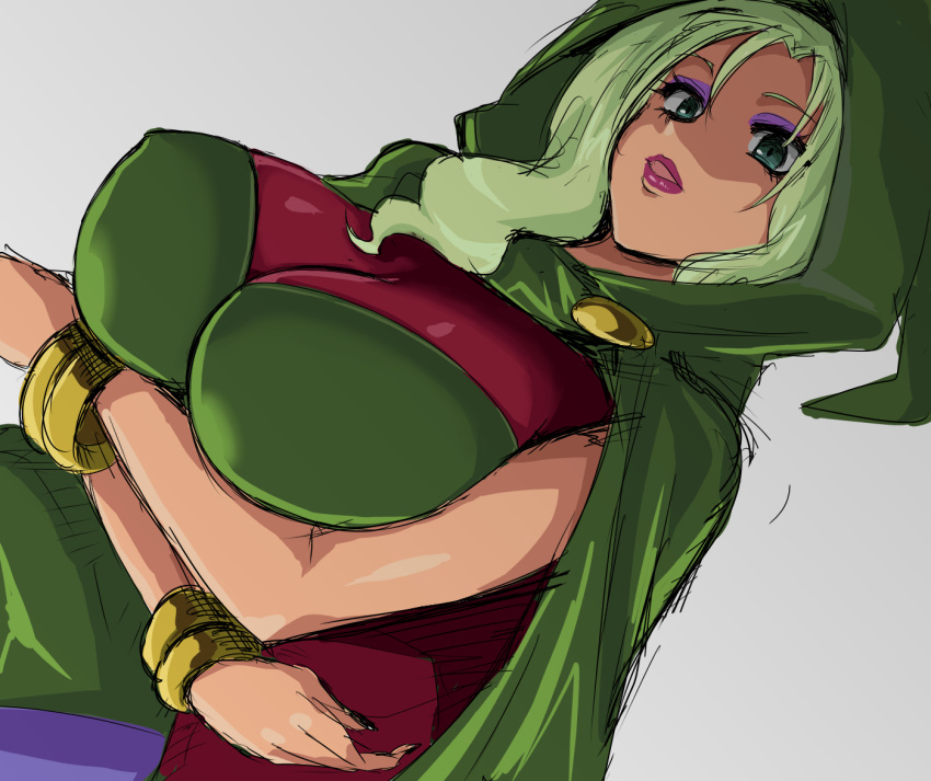 breast_hold, breasts, crossed_arms, getter, green_eyes, green_hair, hood, huge_breasts