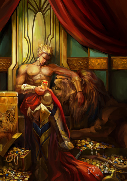 armor, blonde_hair, crown207, earrings, fate/zero, fate_(series), gilgamesh, goblet, gold, jewelry, lion, red_eyes, shirtless, signature, throne, treasure, vambraces, wine
