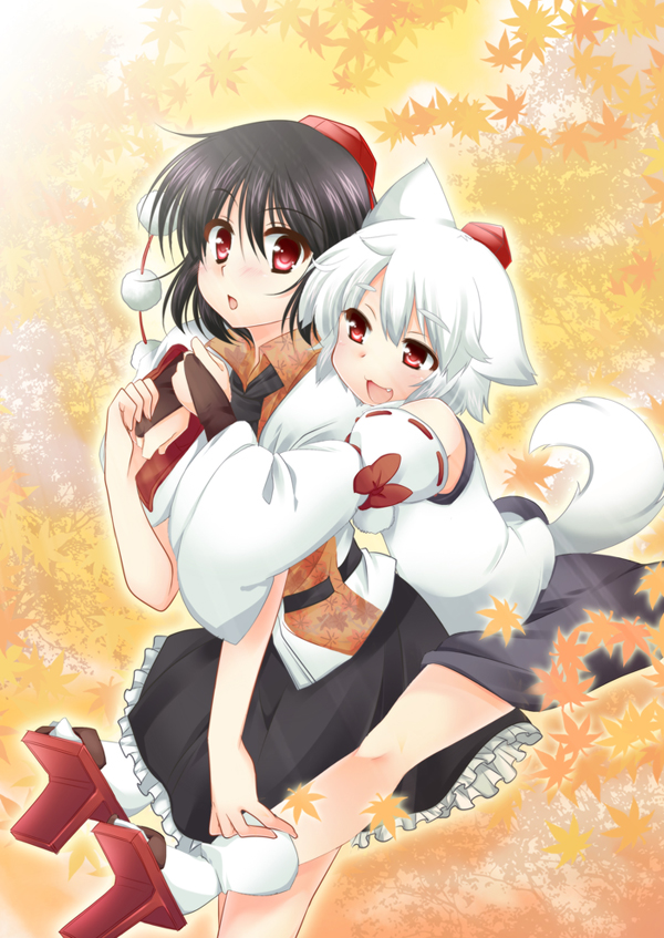 animal_ears, black_hair, blush, bow, bridal_gauntlets, detached_sleeves, fang, frills, hat, hug, inubashiri_momiji, leaf, maple_leaf, multiple_girls, open_mouth, piggyback, pom_pom_(clothes), red_eyes, sakaki_natsu, shameimaru_aya, short_hair, tail, tokin_hat, touhou, wide_sleeves, wolf_ears, wolf_tail