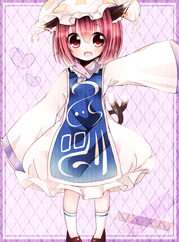 :d, animal_ears, argyle, argyle_background, brown_hair, cat_ears, cat_tail, chen