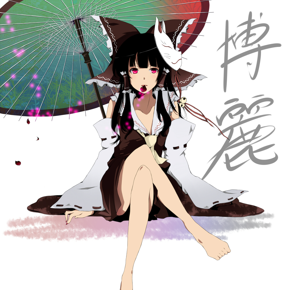 black_hair, bow, crossed_legs, detached_sleeves, fox_mask, hair_bow, hair_tubes, hakurei_reimu