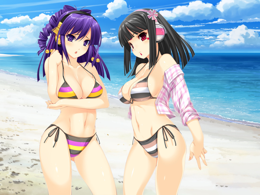 2girls, beach, beatmania_iidx, bikini, black_hair, breast_hold, cleavage, happy_core
