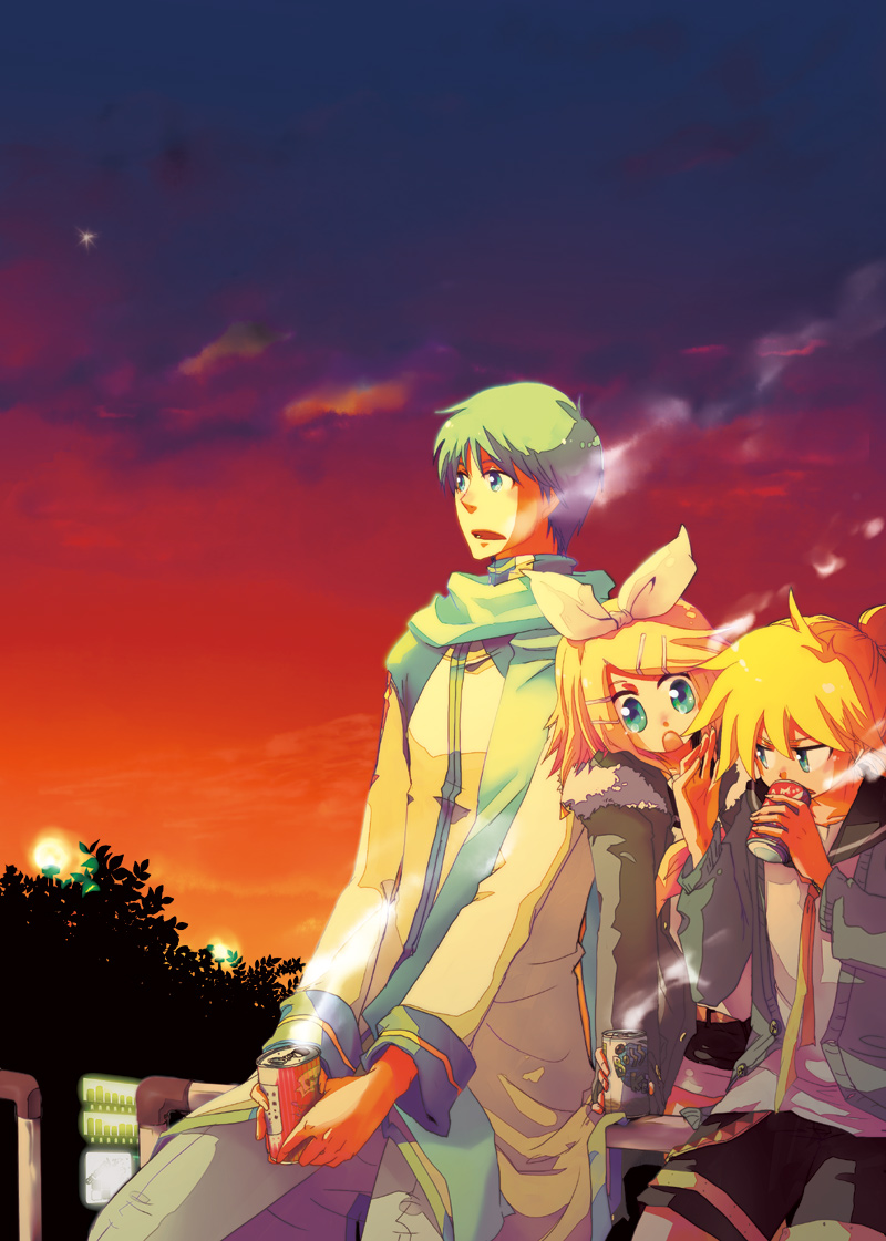 blonde_hair, blue_eyes, blue_hair, bow, can, cold, hair_bow, kagamine_len