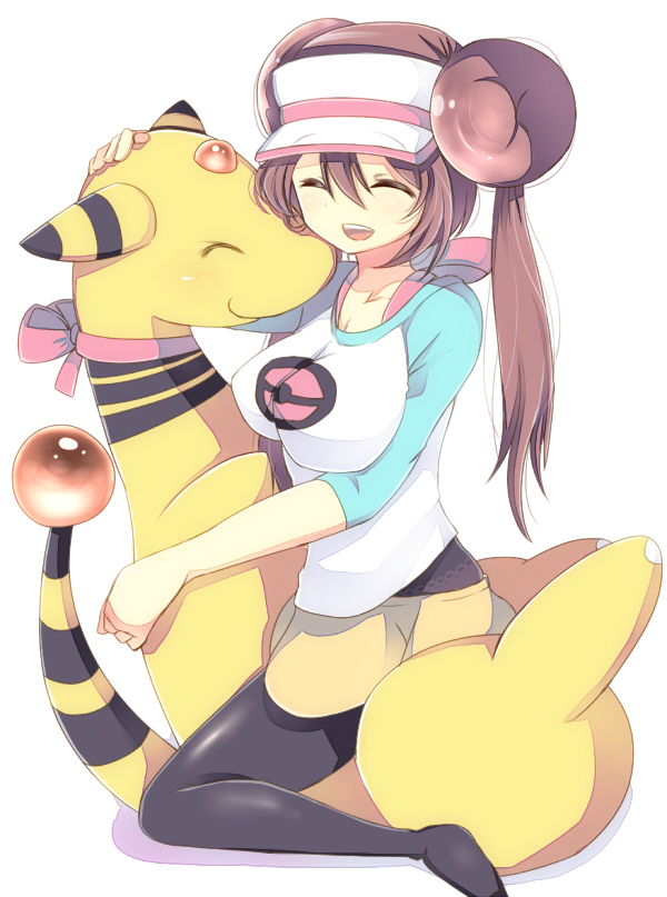 ampharos, brown_hair, closed_eyes, double_bun, eyes_closed, hug, mei_(pokemon), pantyhose