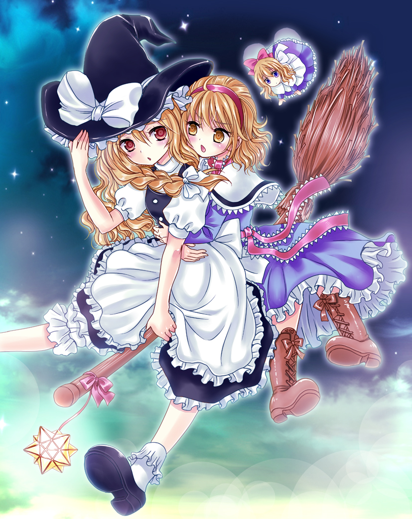 ahoge, alice_margatroid, blonde_hair, bloomers, blush, bow, broom, brown_eyes, capelet, cloud, clouds, cross-laced_footwear, doll, fairy_wings, flying, frills, hair_bow, hairband, hat, hat_bow, hug, hug_from_behind, kirisame_marisa, long_hair, long_sleeves, motatei, multiple_girls, night, open_mouth, puffy_sleeves, sash, shanghai_doll, short_hair, short_sleeves, sky, star, touho, touhou, u2girls, wings, witch_hat, yellow_eyes
