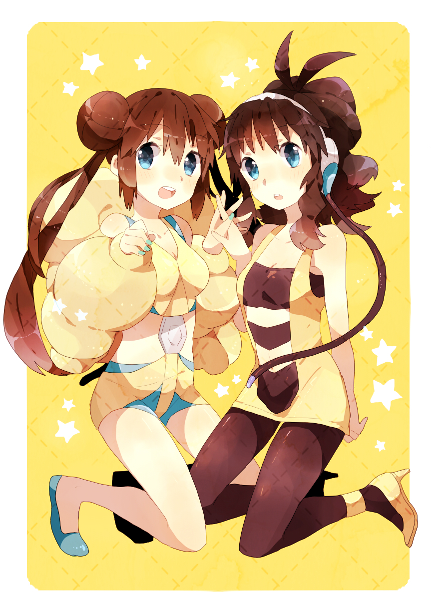 blue_eyes, blush, breasts, brown_hair, cable, cleavage, cosplay, double_bun