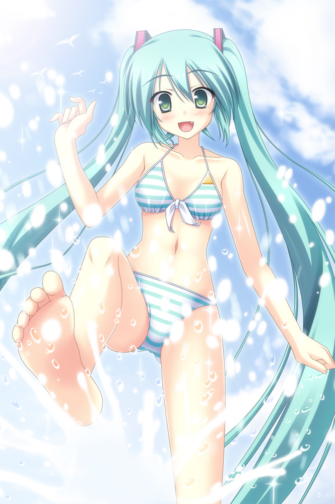aqua_eyes, aqua_hair, barefoot, bikini, fang, feet, foreshortening, green_eyes