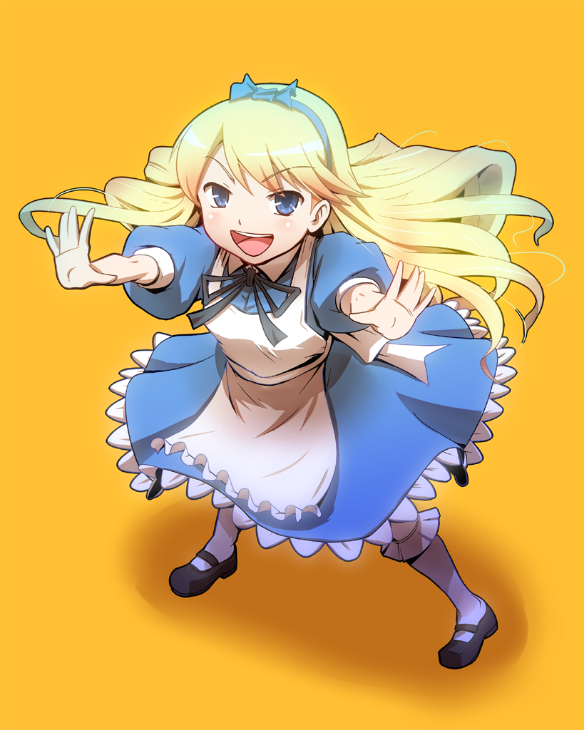 alice_(wonderland), alice_(wonderland)_(cosplay), alice_in_wonderland, apron, blonde_hair, blue_eyes, cosplay, crossdressinging, hairband, kuma_(persona_4), long_hair, male, mary_janes, pantyhose, persona, persona_4, ribbon, rickert_kai, shoes, solo, trap, very_long_hair
