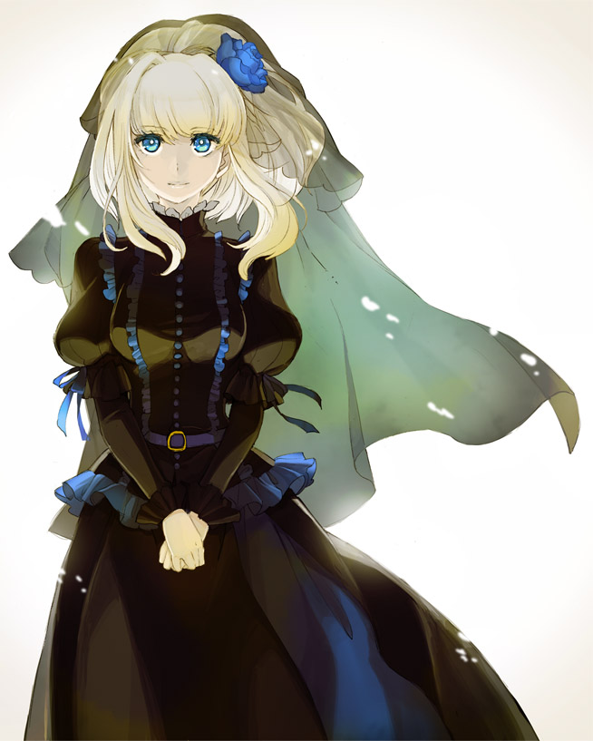 black_dress, blonde_hair, blue_eyes, blue_rose, breasts, cherico, cosplay, dress