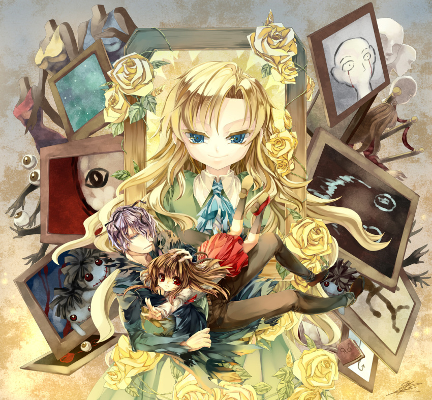 2girls, blonde_hair, blue_eyes, book, brown_hair, coat, doll, dress, eve_(ib), evil_grin, evil_smile, eyeball, flower, garry_(ib), gary_(ib), grin, highres, ib, ib_(ib), lady_in_red_(ib), mannequin, mary_(ib), multiple_girls, painting, painting_(object), picture_frame, pleated_skirt, purple_hair, red_eyes, rose, skirt, smile, soumare, yellow_rose