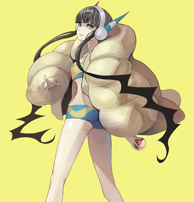 bangs, bare_legs, black_hair, blue_eyes, fur_coat, headphones, hidezi, holding
