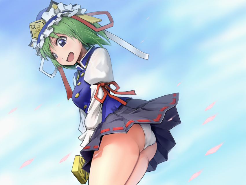 ass, blue_eyes, cloud, clouds, green_hair, hat, long_sleeves, open_mouth
