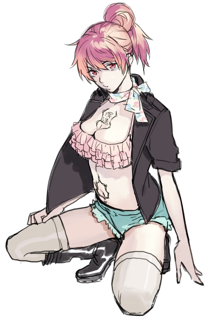ao_no_exorcist, arm_support, bikini_top, boots, breasts, cleavage, cutoffs, denim