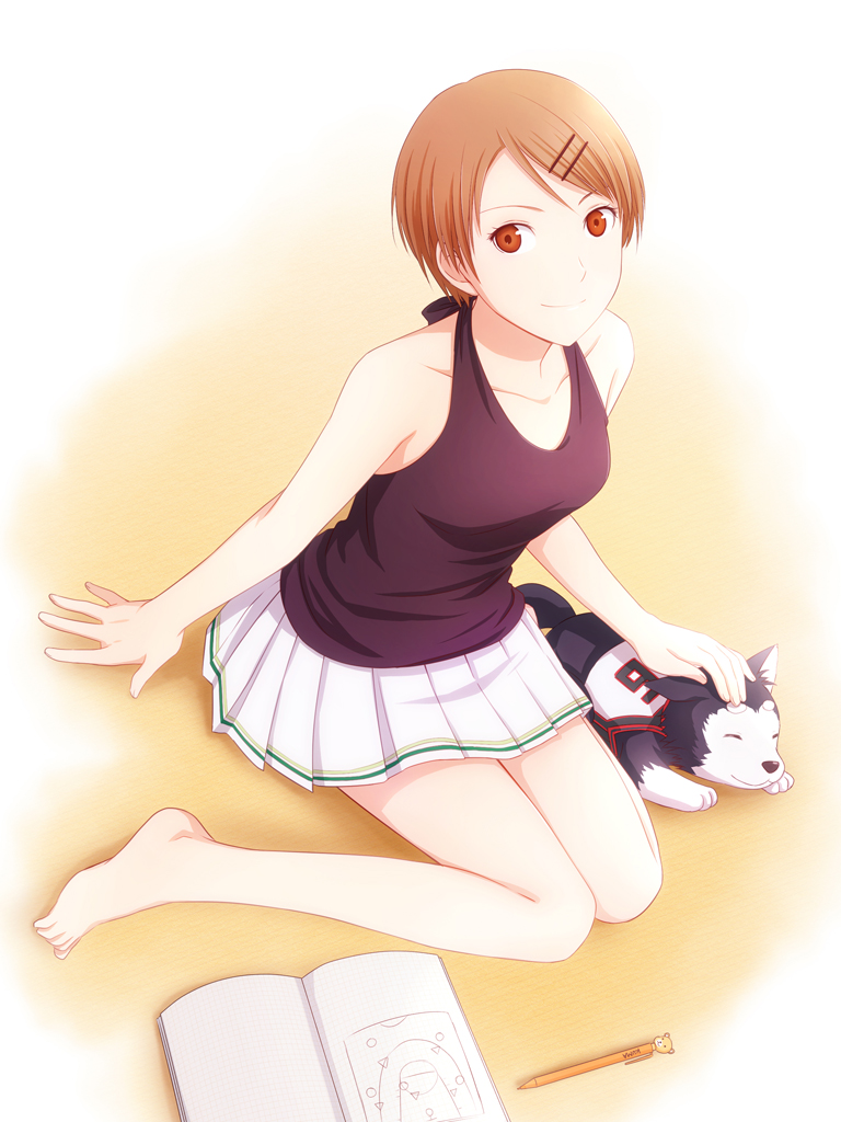 aida_riko, arya_(artist), bare_shoulders, barefoot, basketball_jersey, basketball_uniform, brown_eyes, brown_hair