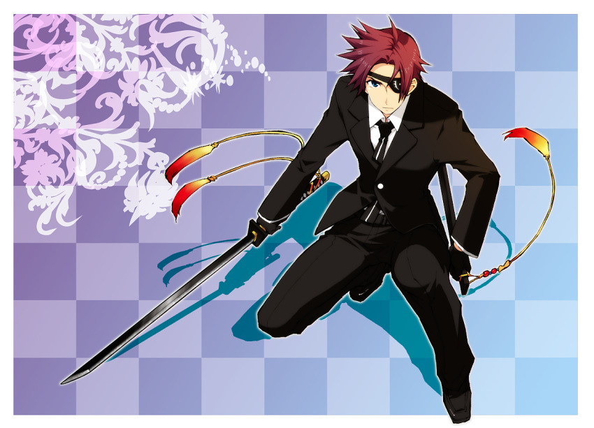 alternate_costume, asbel_lhant, bad_id, blue_eyes, brown_hair, checkered, checkered_background, eyepatch, male, solo, sword, tales_of_(series), tales_of_graces, tktg, tuxedo, weapon