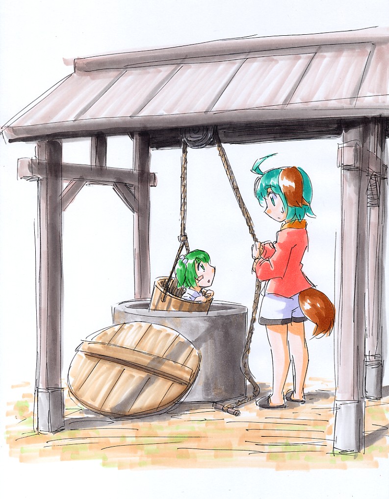 ahoge, animal_ears, aqua_hair, blush_stickers, bucket, green_hair, in_bucket, in_container