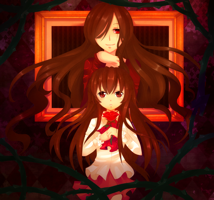 brown_hair, eve_(ib), flower, hair_over_one_eye, ib, ib_(ib), kaede-ichi, lady_in_red_(ib)