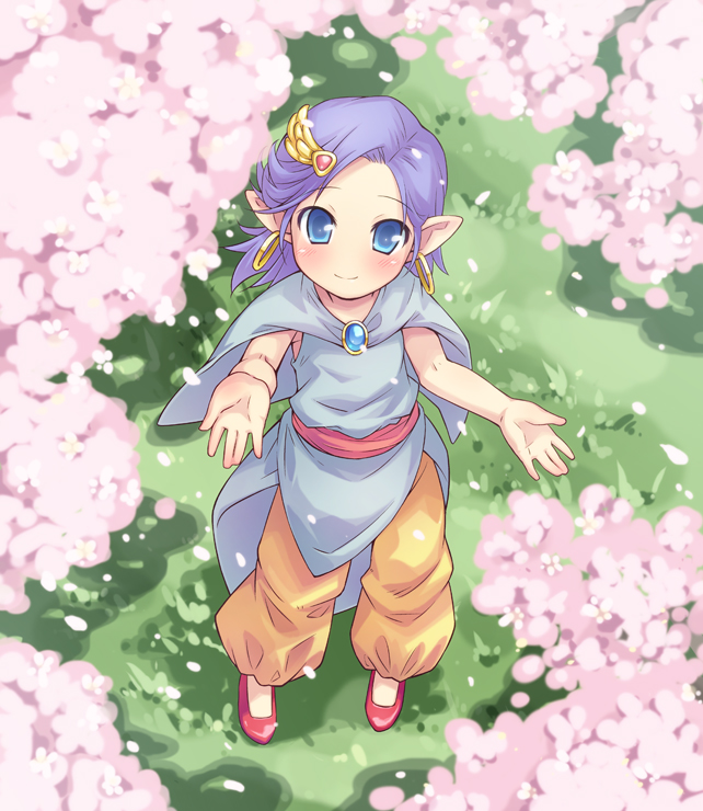 bella_(dq5), blue_eyes, blush, cape, cherry_blossoms, dragon_quest, dragon_quest_v, earrings, hair_ornament, jewelry, mizuno_mumomo, outstretched_arms, pants, pendant, petals, pointy_ears, purple_hair, short_hair, smile, solo
