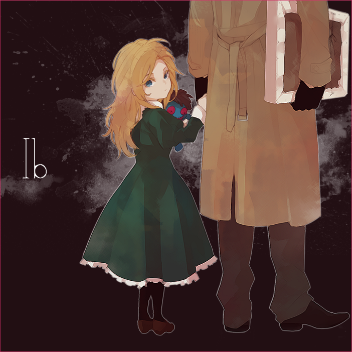 1girl, bad_id, blonde_hair, blue_eyes, coat, doll, dress, gloves, hand_holding, holding_hands, ib, long_hair, looking_back, mary_(ib), painting, painting_(object), pantyhose, title_drop, zakka_(d-o-t)