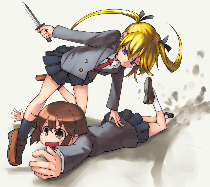 blonde_hair, brown_eyes, brown_hair, foreshortening, hair_ribbon, highres, hirosato, kill_me_baby