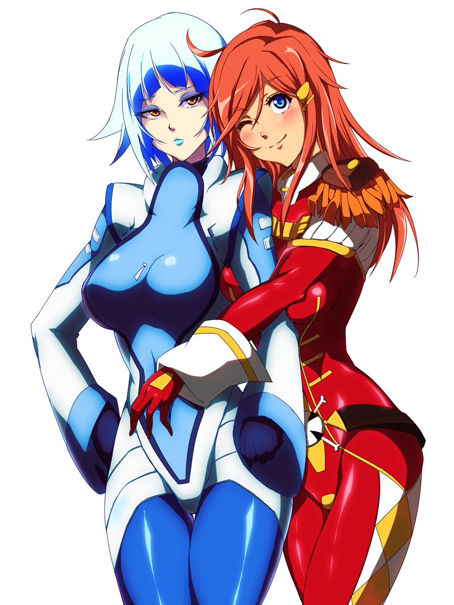 azu_(azzz), blue_eyes, blue_hair, blush, bodysuit, epaulettes, female, hair_ornament