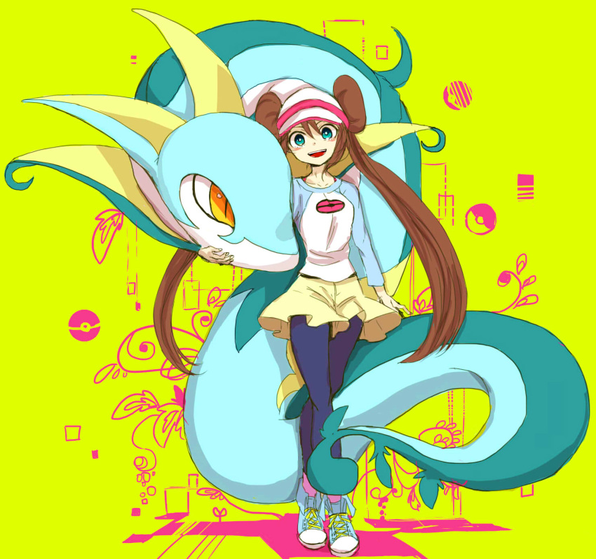 black_legwear, blue_eyes, brown_hair, double_bun, highres, legwear_under_shorts, long_hair, looking_at_viewer, mei_(pokemon), pantyhose, poke_ball, pokemon, pokemon_(game), pokemon_bw2, raglan_sleeves, serperior, shima_mei, shimana_(cs-ts-az), shoes, shorts, skirt, sneakers, sneakery, twintails, very_long_hair, visor_cap, walking