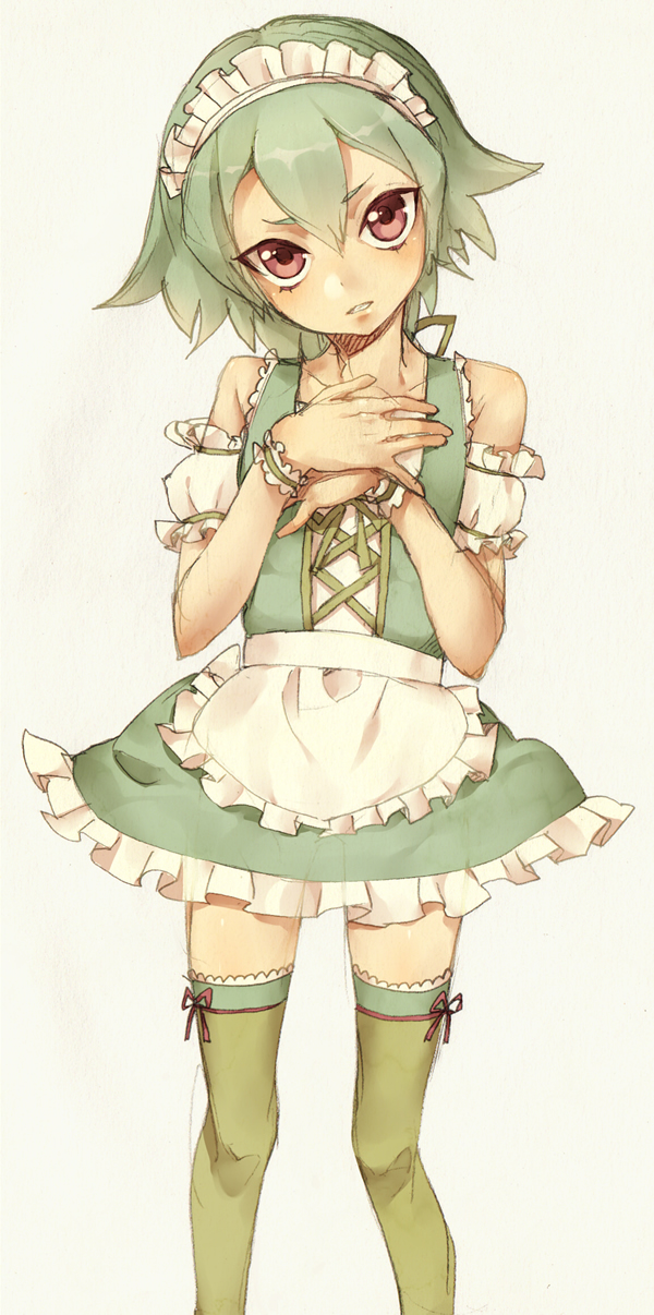 androgynous, bare_shoulders, brown_eyes, crossdressinging, dress, green_hair, green_legwear, highres, maid, maid_headdress, male, original, solo, thigh-highs, thighhighs, trap, wrist_cuffs, yamaki_suzume
