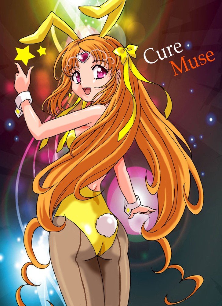 animal_ears, ass, back_seamed_legwear, bunny_ears, bunny_tail, bunnysuit, character_name, cure_muse