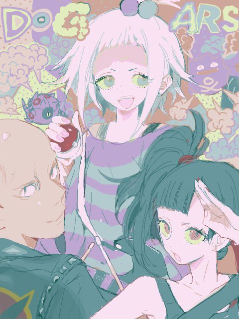 gym_leader, holding, holding_poke_ball, homika_(pokemon), koffing, open_mouth, ototoi, poke_ball, pokemon, pokemon_(creature), pokemon_(game), pokemon_bw2, ponytail, shirt, striped, striped_shirt, tegaki, whirlipede, white_hair