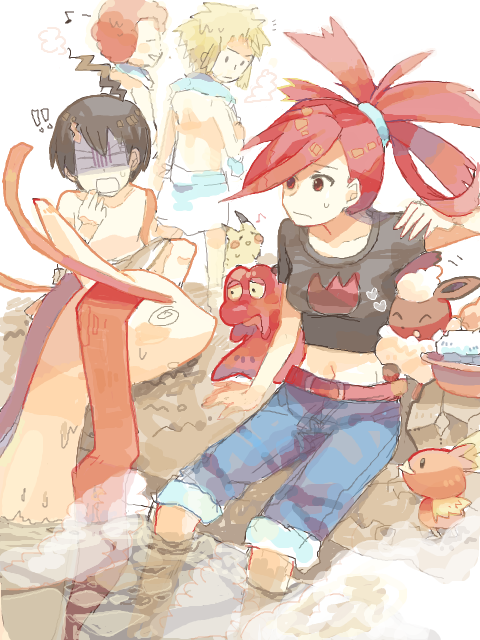 1girl, 3boys, @_@, afro, bath, belly, belt, black_hair