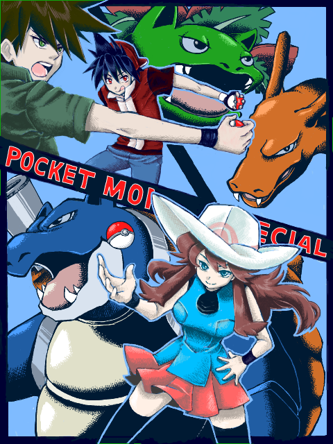 1girl, 2boys, black_hair, blastoise, blue_(pokemon), blue_background, brown_hair, charizard, hat, holding, holding_poke_ball, long_hair, multiple_boys, oira_(tegaki), ookido_green, open_mouth, poke_ball, pokemon, pokemon_(creature), pokemon_special, red_(pokemon), skirt, tegaki, title_drop, venusaur